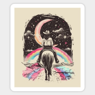 Moonlit Equestrian Dreams: Mystical Horseback Rider Under Starry Crescent Moon Art Sticker